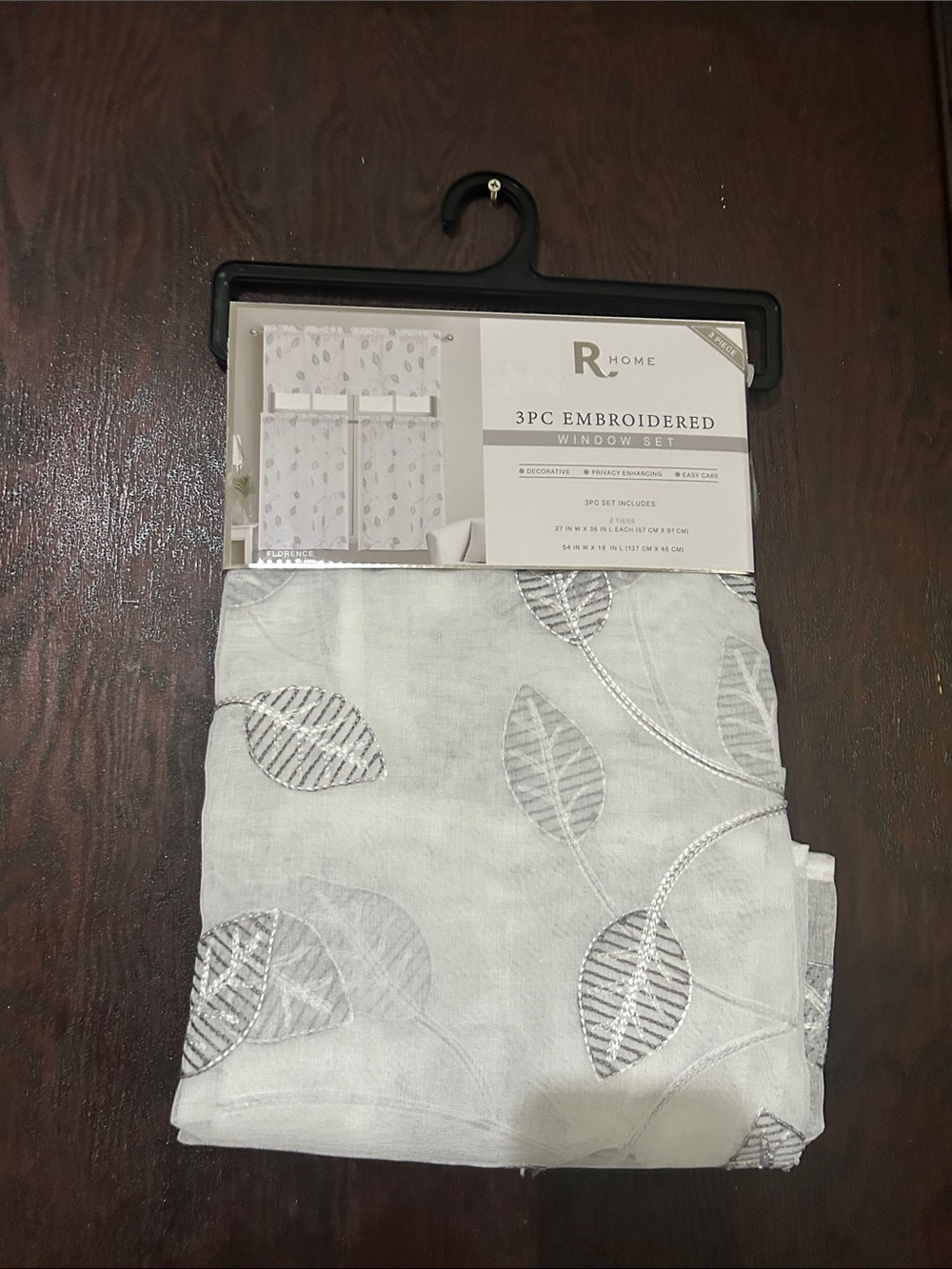 3-Piece Embroidered Window Curtain Set - White with Silver Leaf Embroidery